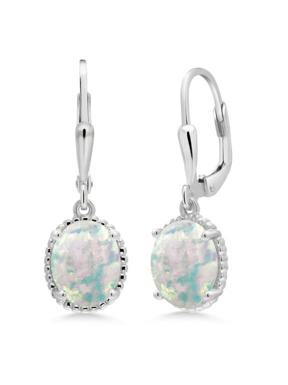 925 Sterling Silver White Simulated Opal Leverback Dangle Earrings for Women (2.00 Cttw, Gemstone October Birthstone, Oval Cabochon 9X7MM)