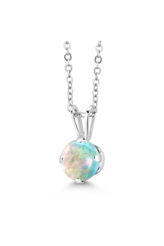 925 Sterling Silver White Simulated Opal Pendant Necklace for Women (0.30 Cttw, Gemstone October Birthstone, Round Cabochon 6MM, with 18 inch Chain)