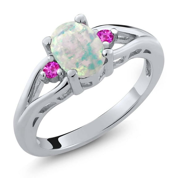 Gem Stone King 925 Sterling Silver White Simulated Opal and Pink Sapphire 3 Stone Engagement Ring for Women | 1.15 Cttw | Oval Cabochon 8X6MM | Round 2MM | Gemstone October Birthstone | Size 6