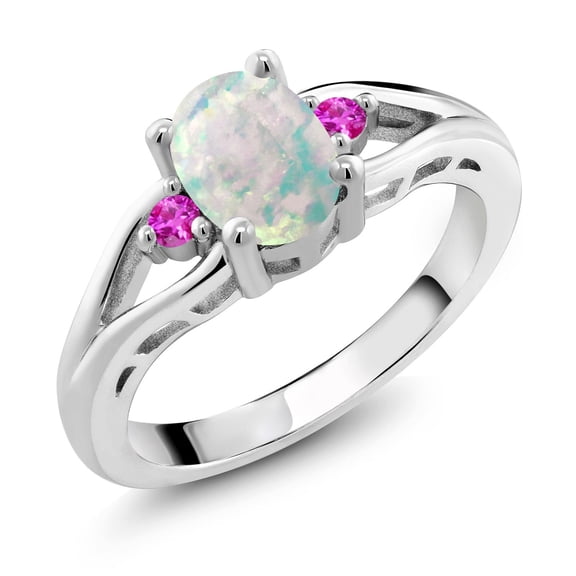 Gem Stone King 925 Sterling Silver White Simulated Opal and Pink Sapphire 3 Stone Engagement Ring for Women | 1.15 Cttw | Oval Cabochon 8X6MM | Round 2MM | Gemstone October Birthstone | Size 6