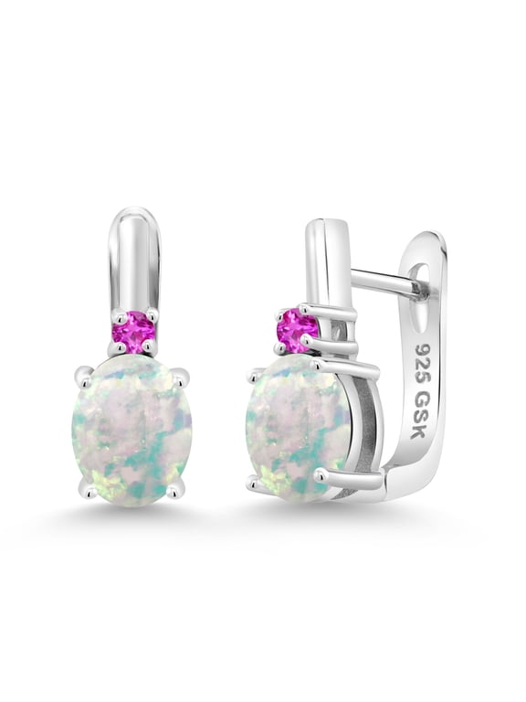925 Sterling Silver White Simulated Opal and Pink Sapphire Earrings for Women (3.36 Cttw, Gemstone October Birthstone, Oval Cabochon 9X7MM)