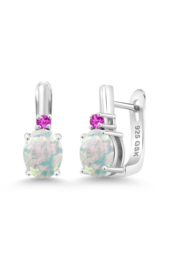 925 Sterling Silver White Simulated Opal and Pink Sapphire Earrings for Women (3.36 Cttw, Gemstone October Birthstone, Oval Cabochon 9X7MM)