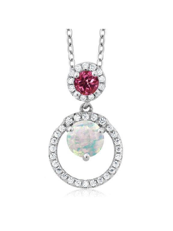 925 Sterling Silver White Simulated Opal and Pink Tourmaline Pendant Necklace for Women (1.14 Cttw, Gemstone October Birthstone, Round Cabochon 6MM and 4MM)