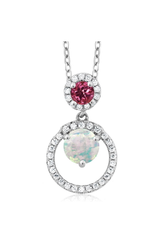 925 Sterling Silver White Simulated Opal and Pink Tourmaline Pendant Necklace for Women (1.14 Cttw, Gemstone October Birthstone, Round Cabochon 6MM and 4MM)