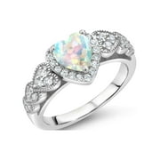 Gem Stone King 925 Sterling Silver White Simulated Opal Ring For Women (1.18 Cttw, Heart Shape 6MM, Available in Size 5, 6, 7, 8, 9)