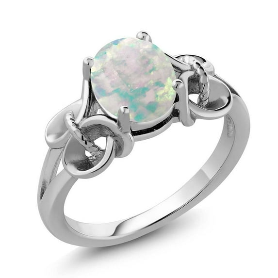 Gem Stone King 925 Sterling Silver White Simulated Opal Ring for Women (1.00 Cttw, Oval Cabochon Cut 9X7MM, Available in Size 5,6,7,8,9)