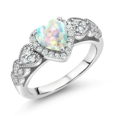 Gem Stone King 925 Sterling Silver White Simulated Opal Ring for Women (1.18 Cttw, Heart Shape 6MM, Available in Size 5, 6, 7, 8, 9)