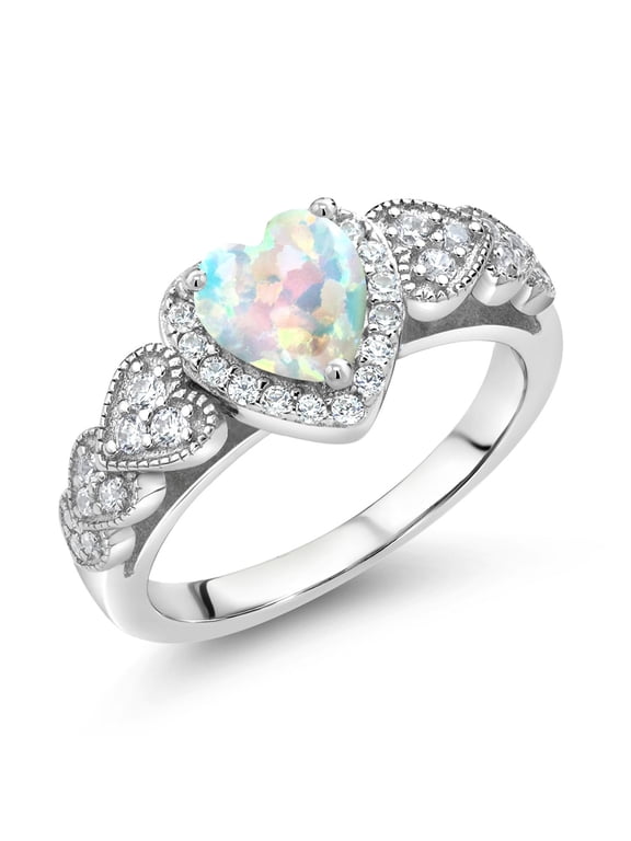 925 Sterling Silver White Simulated Opal Ring for Women (1.18 Cttw, Heart Shape 6MM, Available in Size 5, 6, 7, 8, 9)