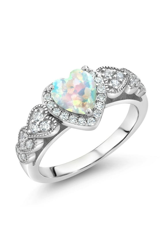 925 Sterling Silver White Simulated Opal Ring for Women (1.18 Cttw, Heart Shape 6MM, Available in Size 5, 6, 7, 8, 9)