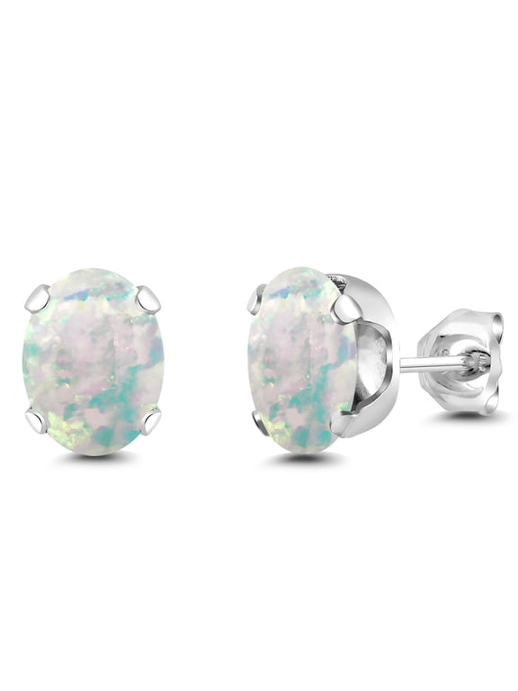 925 Sterling Silver Simulated White Opal Stud Earrings for Women Men | 2.10 Cttw | Gemstone October Birthstone | Oval Cabochon 8X6MM