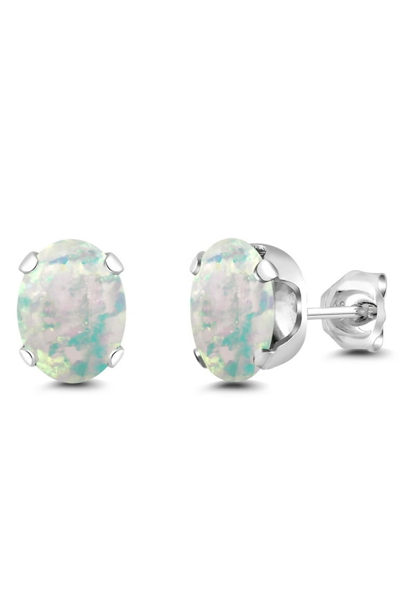 925 Sterling Silver Simulated White Opal Stud Earrings for Women Men | 2.10 Cttw | Gemstone October Birthstone | Oval Cabochon 8X6MM