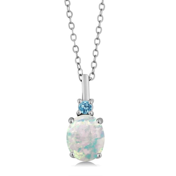 Gem Stone King 925 Sterling Silver White Simulated Opal and Swiss Blue Topaz Pendant Necklace for Women (1.68 Cttw, Gemstone October Birthstone, Oval Cabochon 9X7MM, with 18 inch Silver Chain)