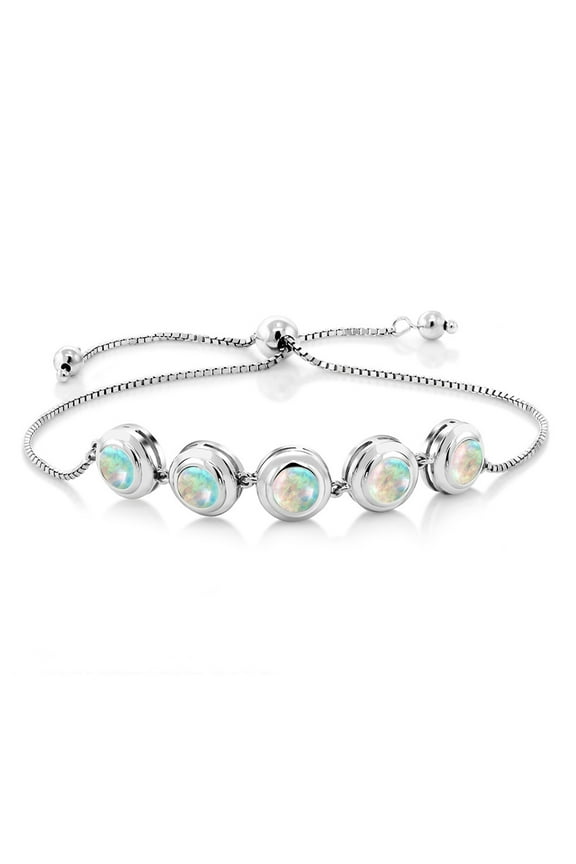 925 Sterling Silver White Simulated Opal Tennis Bracelet for Women (1.50 Cttw, Round Cabochon 6MM, Gemstone October Birthstone, Fully Adjustable up to 9 inch)