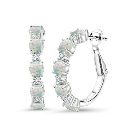 Gem Stone King 925 Sterling Silver White Simulated Opal and White Lab Grown Diamond Hoop Earrings for Women (2.80 Cttw, Round 4MM and 1.9MM, Gemstone Birthstone 1 inch Diameter)