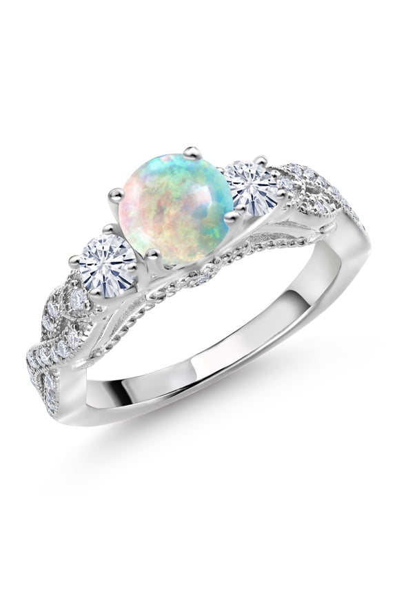 925 Sterling Silver White Simulated Opal and White Moissanite Engagement Ring for Women (0.77 Cttw, Gemstone October Birthstone, Round Cabochon 6MM and 3MM, Size 9)