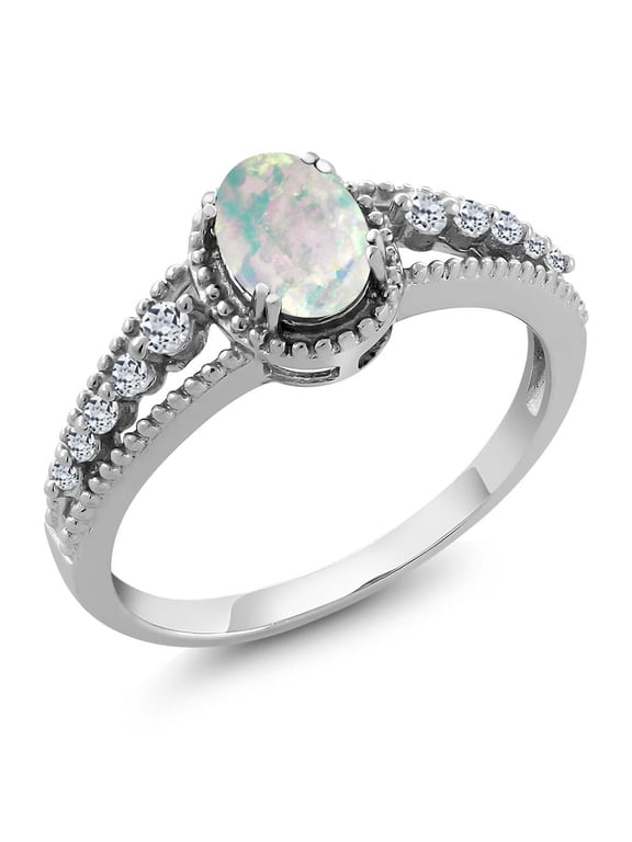 925 Sterling Silver White Simulated Opal and White Topaz Engagement Ring for Women (1.21 Cttw, Oval Cabochon 7X5MM, Available 5,6,7,8,9)