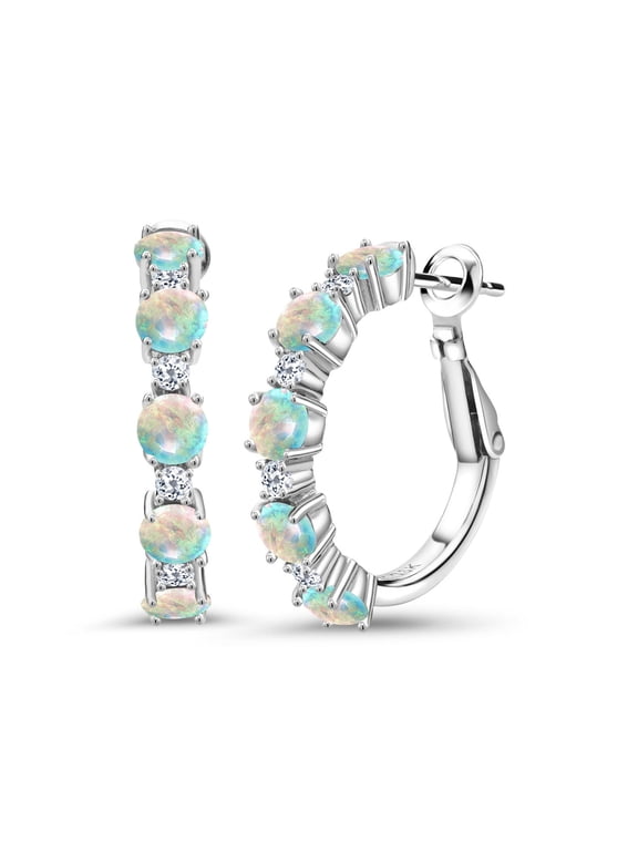 925 Sterling Silver White Simulated Opal and White Topaz Hoop Earrings for Women (2.82 Cttw, Round 4MM and 1.9MM, Gemstone Birthstone 1 inch Diameter)