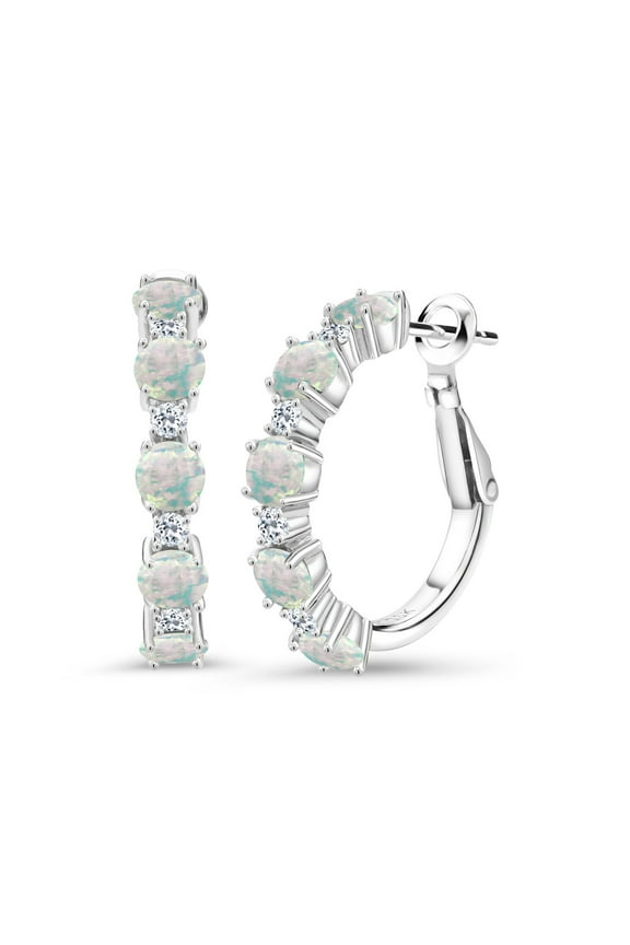 925 Sterling Silver White Simulated Opal and White Topaz Hoop Earrings for Women (2.82 Cttw, Round 4MM and 1.9MM, Gemstone Birthstone 1 inch Diameter)