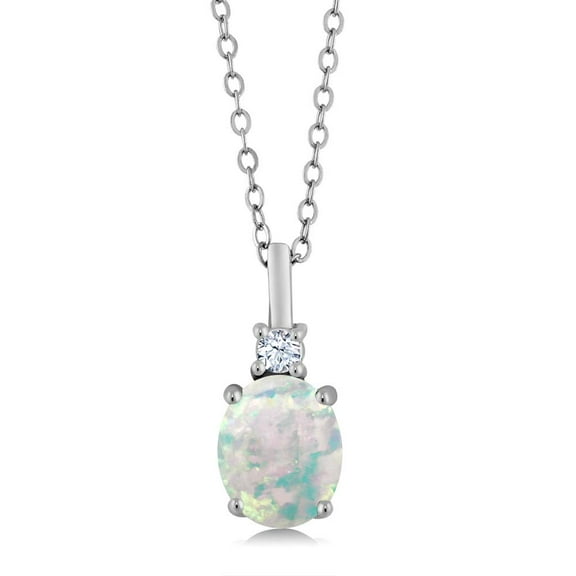 Gem Stone King 925 Sterling Silver White Simulated Opal and White Zirconia Pendant Necklace for Women (1.65 Cttw, Gemstone October Birthstone, Oval Cabochon 9X7MM, with 18 inch Silver Chain)