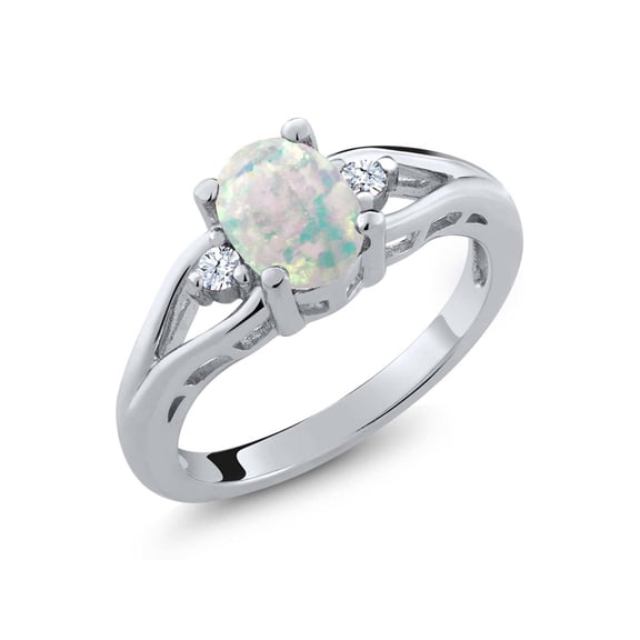 Gem Stone King 925 Sterling Silver White Simulated Opal & White Created Sapphire 3 Stone Engagement Ring for Women | 1.13 Cttw | Oval Cabochon 8X6MM | Round 2MM | Gemstone October Birthstone