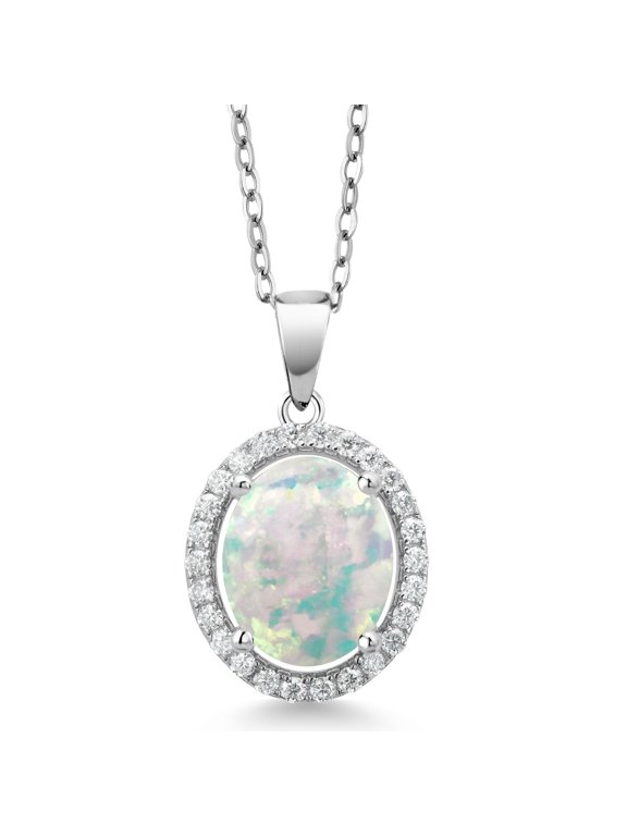 925 Sterling Silver White Simulated Opal and White Moissanite Pendant Necklace for Women (2.32 Cttw, Oval 11X9MM, with 18 inch Chain)