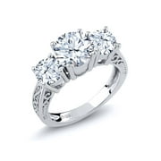 Gem Stone King 925 Sterling Silver White Topaz 3-Stone Engagement Ring for Women (2.90 Cttw, Gemstone Birthstone, Round 7MM and 5MM, Available in Size 5, 6, 7, 8, 9)