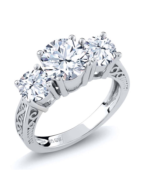 2.90 Cttw White Topaz 3-Stone Engagement Ring for Women | 925 Sterling Silver | Gemstone Birthstone | Round 7MM and 5MM | Three Stone Wedding Engagement Anniversary Ring | Size 9