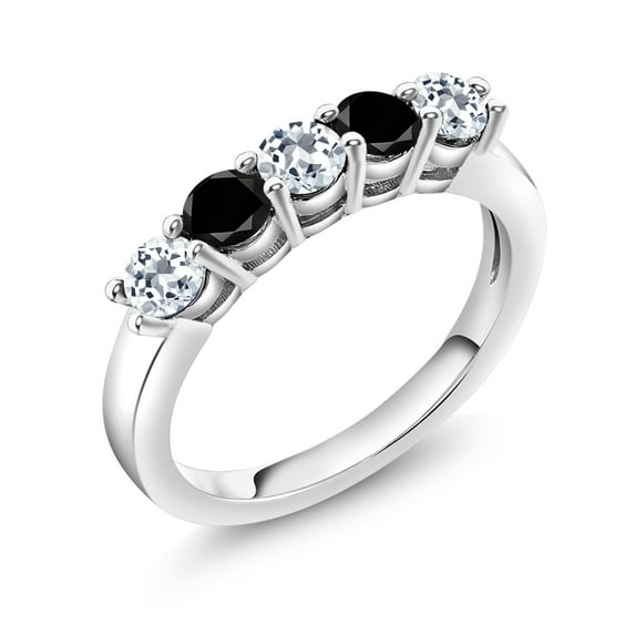 Gem Stone King 925 Sterling Silver White Topaz and Black Diamond 5-Stone Wedding Anniversary Band Ring for Women (0.99 Cttw, Gemstone November Birthstone, Size 7)