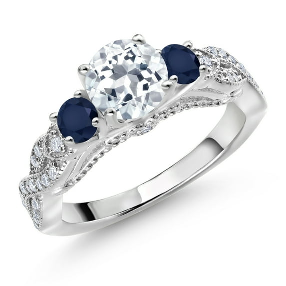 Gem Stone King 925 Sterling Silver White Topaz Blue Sapphire and White Moissanite Engagement Ring for Women (1.47 Cttw, Gemstone November Birthstone, Round 6MM and 3MM, Size 8)