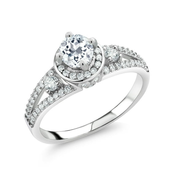 Gem Stone King 925 Sterling Silver White Topaz Engagement Ring for Women (1.54 Cttw, Round 5MM, Gemstone November Birthstone, Size 9)