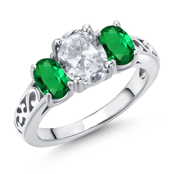 Gem Stone King 925 Sterling Silver White Topaz and Green Nano Emerald Filigree Style 3 Stone Ring for Women (2.30 Cttw, Oval 8X6MM and 6X4MM) (Size 9)
