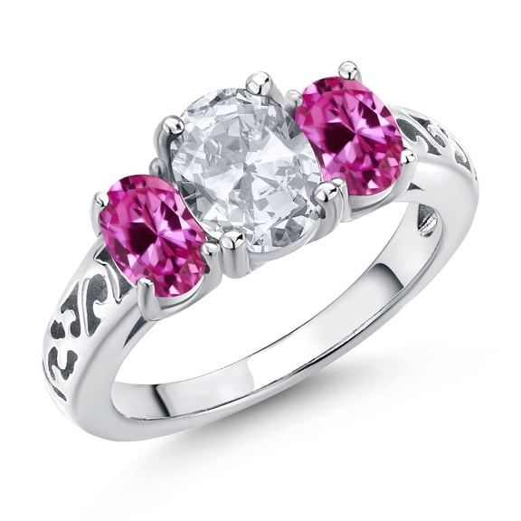 Gem Stone King 925 Sterling Silver White Topaz and Pink Created Sapphire Filigree Style 3 Stone Ring for Women (2.50 Cttw, Oval 8X6MM and 6X4MM) (Size 7)