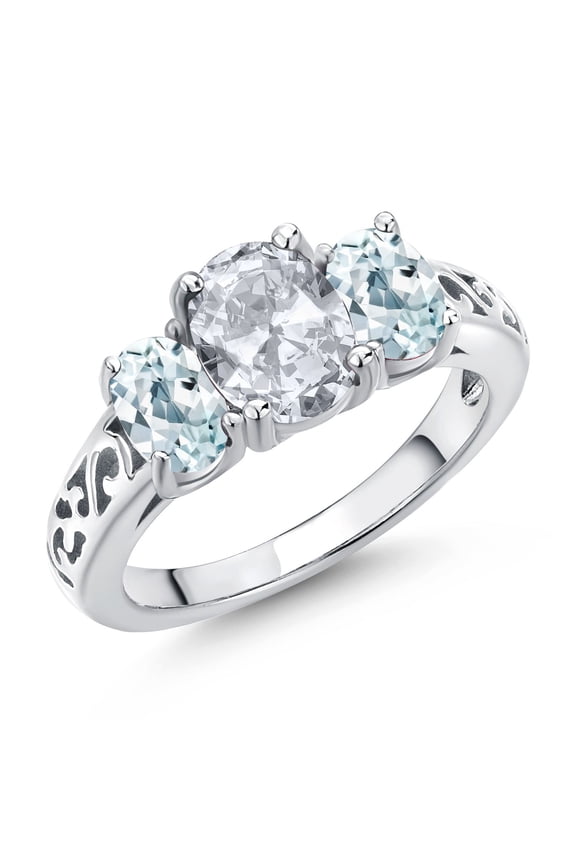 2.50 Cttw White Topaz and Sky Blue Aquamarine Filigree Style 3 Stone Ring for Women | 925 Silver | Oval 8X6MM and 6X4MM | Three Stone Wedding Engagement Anniversary Ring | Size 9