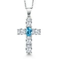 thumbnail image 1 of Gem Stone King 3.55 Cttw White Topaz and Swiss Blue Topaz Cross Pendant Necklace for Women | 925 Sterling Silver | Gemstone November Birthstone | Oval 6X4MM | With 18 inch Chain, 1 of 6