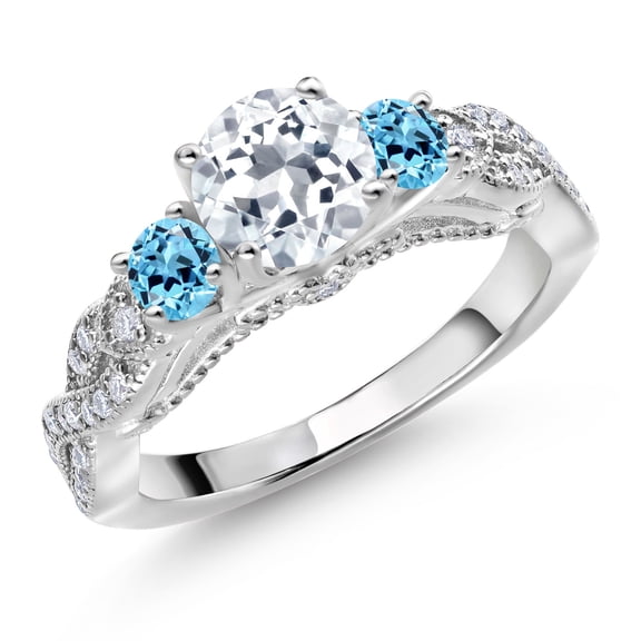 Gem Stone King 925 Sterling Silver White Topaz Swiss Blue Topaz and White Moissanite Engagement Ring for Women (1.47 Cttw, Gemstone November Birthstone, Round 6MM and 3MM, Size 5)