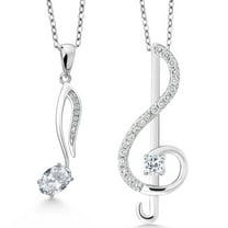 Gem Stone King 925 Sterling Silver White Topaz Treble Clef and Eighth Note 2 Pcs Music Pendant Necklace Jewelry Set for Women By Keren Hanan (1.09 Cttw, November Birthstone, Oval 6X4MM, Round 3MM)