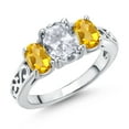 thumbnail image 1 of Gem Stone King 925 Sterling Silver White Topaz and Yellow Citrine Filigree Style 3 Stone Ring for Women (2.40 Cttw, Oval 8X6MM and 6X4MM) (Size 8), 1 of 6