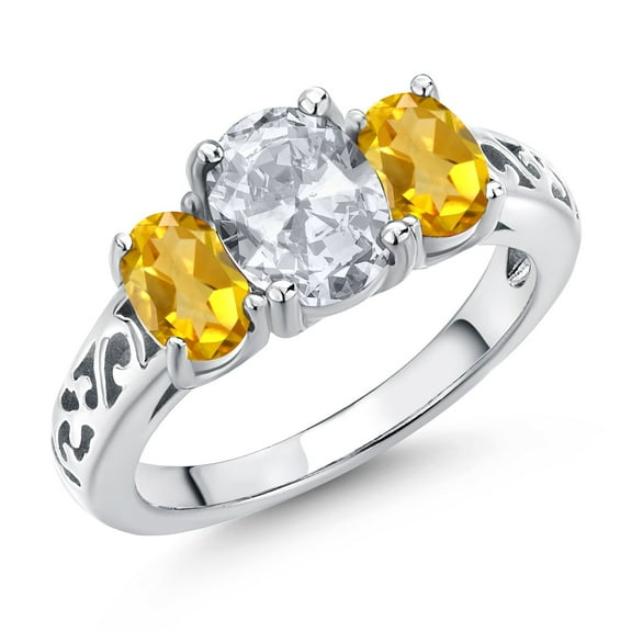 Gem Stone King 925 Sterling Silver White Topaz and Yellow Citrine Filigree Style 3 Stone Ring for Women (2.40 Cttw, Oval 8X6MM and 6X4MM) (Size 5)