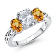 thumbnail image 1 of Gem Stone King 925 Sterling Silver White Topaz and Yellow Sapphire Filigree Style 3 Stone Ring for Women (2.73 Cttw, Oval 8X6MM and 6X4MM) (Size 8), 1 of 6