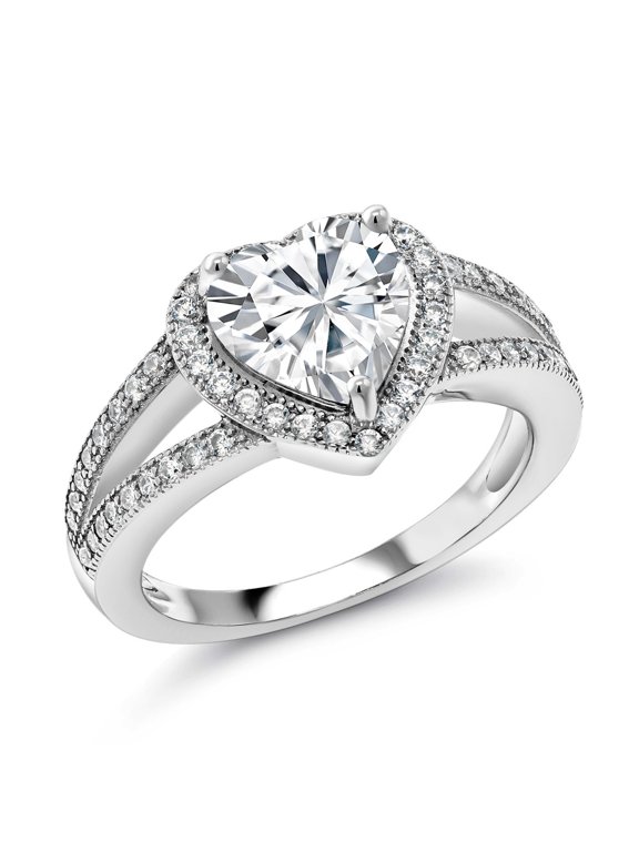 925 Sterling Silver White Zirconia and White Moissanite Ring for Women (1.25 Cttw, Gemstone Birthstone, Heart Shape 8MM, Available in Size 5,6,7,8,9)