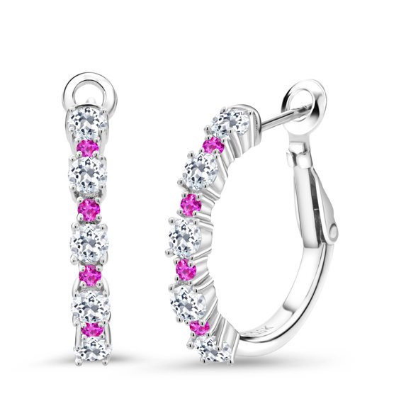 Gem Stone King 925 Sterling Silver Women Hoop Earrings White Topaz Pink Sapphire (1.80 Cttw, Round Cut, 3/7 inch Diameter)