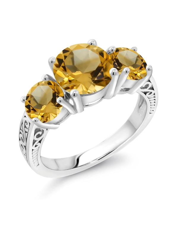 925 Sterling Silver Yellow Citrine 3-Stone Ring for Women (3.10 Cttw, Round 8MM and 6MM, Gemstone Birthstone, Size 5)
