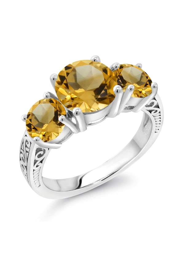 925 Sterling Silver Yellow Citrine 3-Stone Ring for Women (3.10 Cttw, Round 8MM and 6MM, Gemstone Birthstone, Size 8)