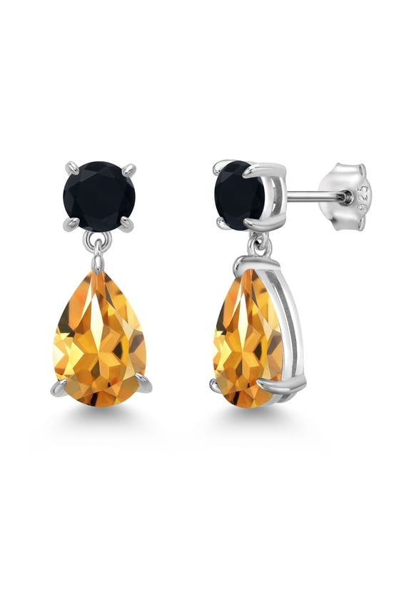 925 Sterling Silver Yellow Citrine and Black Onyx Teardrop Dangle Drop Earrings for Women (7.38 Cttw, Gemstone Birthstone, Pear Shape 12x8MM, Round 6MM)