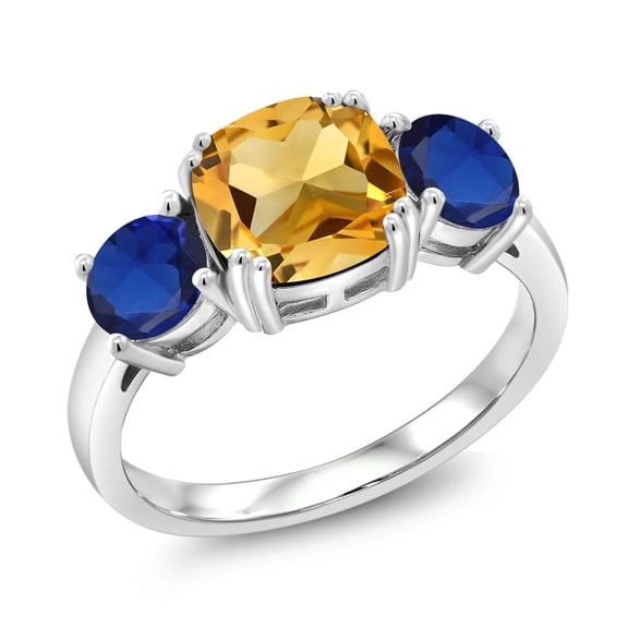 Gem Stone King 925 Sterling Silver Yellow Citrine and Blue Created Sapphire 3 Stone Engagement Ring for Women (4.20 Cttw, Gemstone November Birthstone, Cushion 8MM, Size 9)