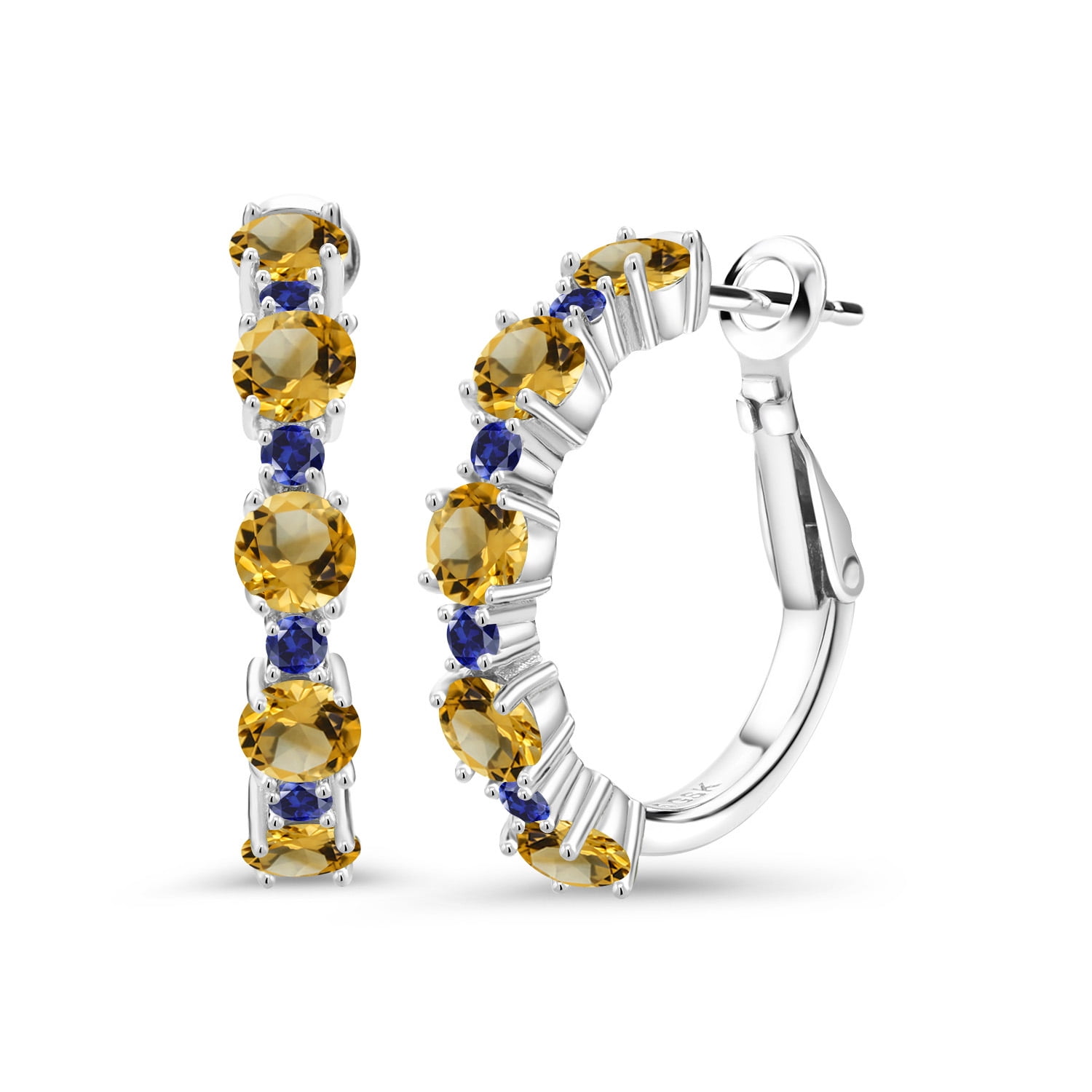 Gem Stone King 925 Sterling Silver Yellow Citrine and Blue Created Sapphire Hoop Earrings for Women (2.92 Cttw, Round 4MM and 1.9MM, Gemstone Birthstone 1 inch Diameter)