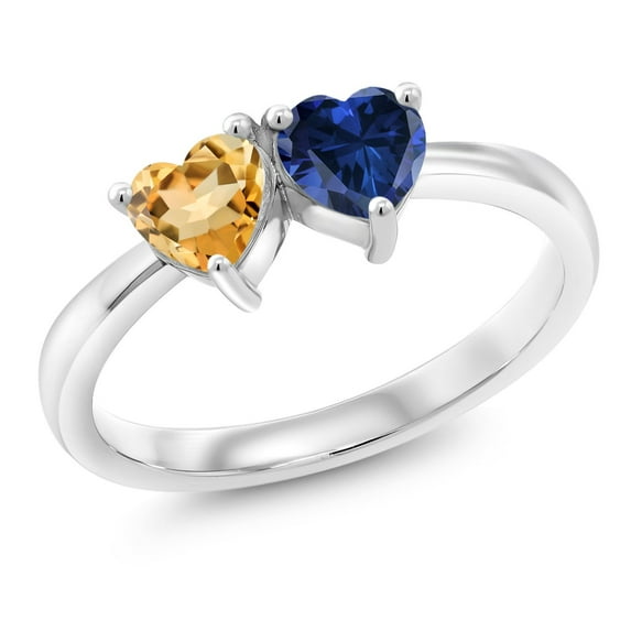 Gem Stone King 0.96 Cttw Yellow Citrine and Blue Created Sapphire Ring for Women | 925 Sterling Silver | Heart Shape 5MM | Gemstone Birthstone | Wedding Engagement Anniversary Promise Ring | Size 9
