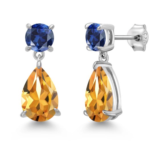 Gem Stone King 925 Sterling Silver Yellow Citrine and Blue Created Sapphire Teardrop Dangle Drop Earrings for Women (7.78 Cttw, Gemstone Birthstone, Pear Shape 12x8MM, Round 6MM)