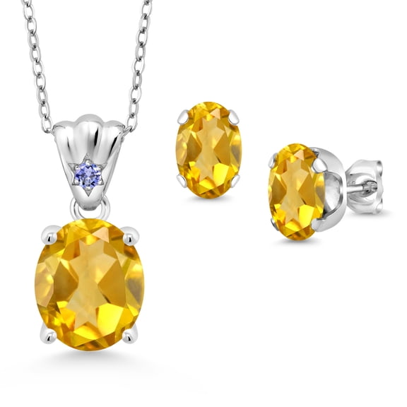 Gem Stone King 925 Sterling Silver Yellow Citrine and Blue Tanzanite Pendant and Earrings Jewelry Set for Women (5.84 Cttw, Gemstone Birthstone, Oval 11X9MM and 8X6MM with 18 inch Silver Chain)