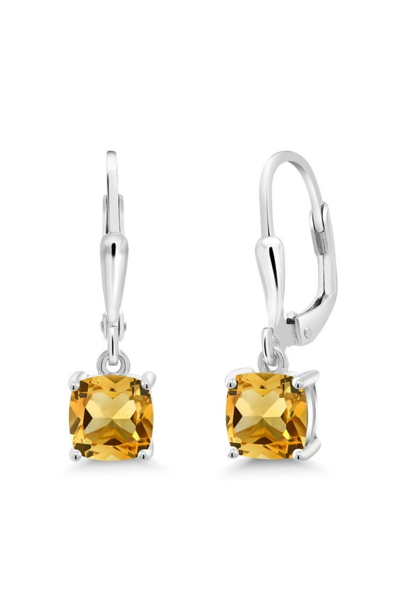 925 Sterling Silver Yellow Citrine Dangle Earrings for Women (1.86 Cttw, Gemstone November Birthstone, Cushion 6MM)